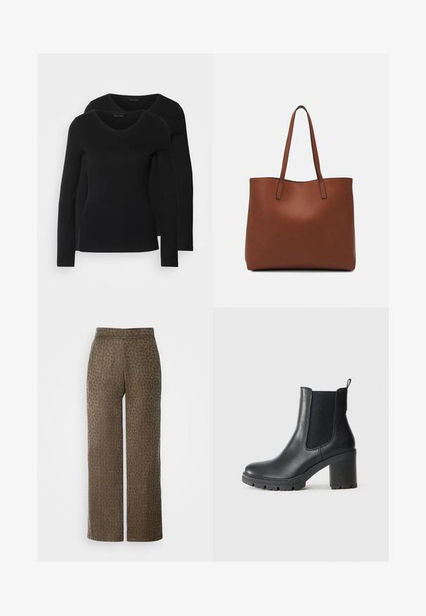 Två svarta långärmade tröjor med V-ringning, tillverkade av mjukt, stretchy tyg, som visar en slät textur och en figursydd form.; Bredabyxor i en dämpad brun färg, med ett subtilt bladmönster. Tillverkade av mjukt material med en elastisk midja för komfort.; Svarta läderankelstövlar med elastiska sidopaneler, chunky gummisula och hög blockklack. Har en dragflik på bakdelen.; Brun läder tote-väska med en slät textur, öppen toppdesign och två axelremmar. Har minimal söm och ingen synlig metalldetalj.