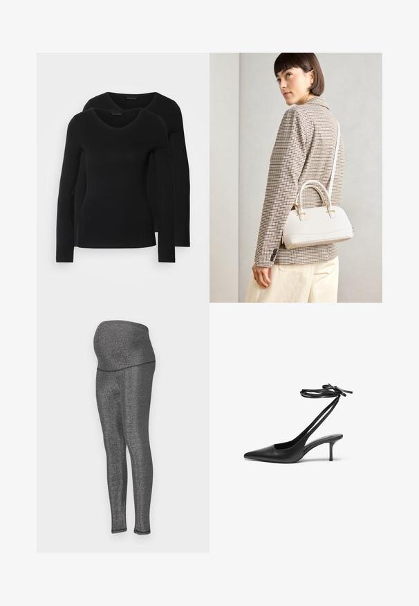 Two black long-sleeve shirts with a V-neck design, made of soft, stretchy fabric, showing smooth texture and a fitted shape.; Maternity leggings in stretchy, metallic black fabric. High waistband designed for comfort, sleek fit through legs, with a smooth texture.; Black leather stiletto shoe with a pointed toe, open back, and ankle straps tied in a bow. Slim 3-inch heel. Smooth texture, minimalist design.; White structured handbag with short handles and a shoulder strap, featuring gold hardware accents and textured material, displayed against a grey background.