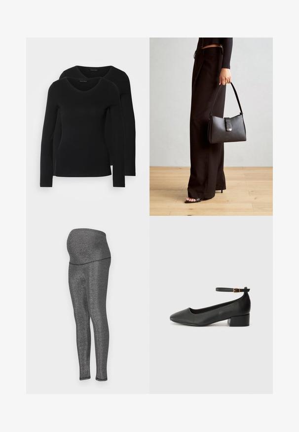 Deux chemises noires à manches longues avec un design en V, fabriquées en tissu doux et extensible, présentant une texture lisse et une silhouette ajustée.; Leggings de maternité en tissu noir métallique extensible. Taille haute conçue pour le confort, coupe élégante sur les jambes, avec une texture lisse.; Escarpin en cuir noir avec un bout pointu et un petit talon bloc. Doté d'une bride de cheville avec une boucle dorée. Texture lisse.; Sac à main noir à la forme structurée, texture lisse et fermoir métallique. Associé à un pantalon noir ample et des sandales ouvertes sur un sol en bois.