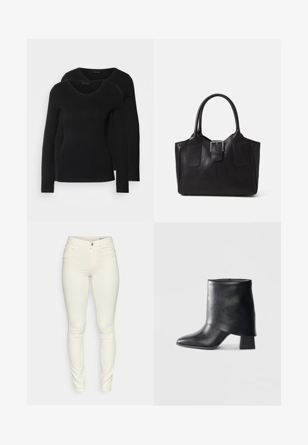 Twee zwarte longsleeve shirts met een V-hals ontwerp, gemaakt van zachte, rekbare stof, die een gladde textuur en een getailleerde vorm laten zien.; Skinny jeans in crèmekleur, gemaakt van een katoenmix, met vijf zakken, een ritssluiting en subtiele stikseldetails.; Zwarte leren enkellaars met een spitse neus, een zachte textuur en een gestructureerde blokhak. Kenmerkt zich door een hoge, gevouwen kraag.; Zwarte leren tote bag met een gladde textuur, gestructureerde vorm, twee handvatten en een opvallend zilveren sluitingdetail aan de voorkant.
