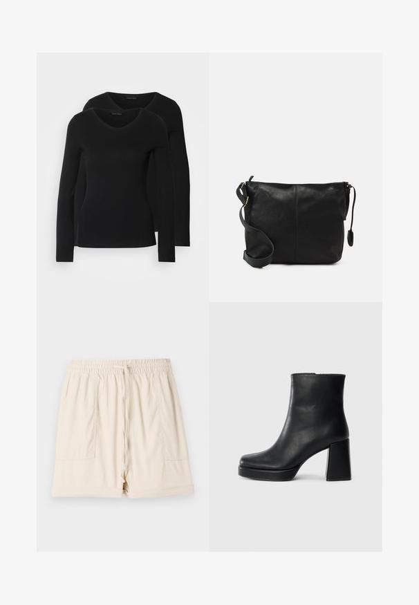 To svarte langermede skjorter med V-halsdesign, laget av mykt, elastisk stoff, viser jevn tekstur og en tettsittende fasong.; Beige bomullsshorts med elastisk midje, snøring og to sidelommer; har en avslappet passform og rullet kant.; Sorte skinnankelsko med blokkhæl og plattformsåle, sett fra siden på en enkel hvit bakgrunn.; Svart skinn crossover-veske med flat form, gullfarge detaljer og justerbar stropp. Glatt tekstur med minimale sømmer.