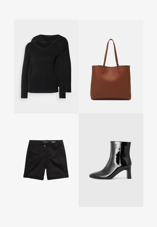 Kaks musta pika varrukaga särk, millel on V-kaelus ja mis on valmistatud pehmest ja venivast kangast, millel on sile tekstuur ja sobiv kuju.; Mustadest puuvillasegust valmistatud Bermuda lühikesed püksid koos nupclosinguga, kahe esipocketiga ja volditud äärega. Sile tekstuur, klassikaline disain.; Must-sinine nahkjalats musta läikiva viimistlusega, millel on terav nina ja keskmise kõrgusega plokk konts. Sile tekstuur ja minimalistik disain.; Pruun nahast tote-kott, millel on sile tekstuur, avatud ülaosa disain ja kaks õlarihma. Omab minimaalset õmblust ja nähtavat riistvara ei ole.