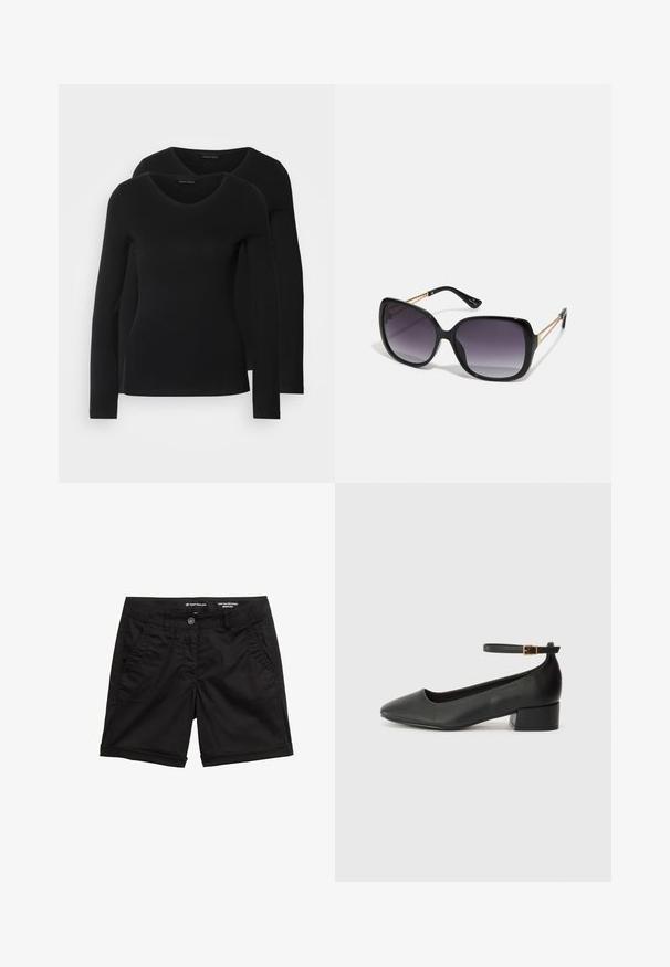 Twee zwarte longsleeve shirts met een V-hals ontwerp, gemaakt van zachte, rekbare stof, die een gladde textuur en een getailleerde vorm laten zien.; Zwarte chino bermuda shorts van een katoenmix, met een knoopsluiting, twee voorzakken en een opgerolde zoom. Soepele textuur, klassiek ontwerp.; Zwarte leren pump met een spitse neus en een lage blokhak. Beschikt over een enkelband met een goudkleurige gespsluiting. Gladde textuur.; Zwarte oversized zonnebril met gradient glazen, dikke montuur en gouden kettingdetails op de pootjes.; Zwarte handtas met gestructureerde vorm, gladde textuur en een metalen sluiting. Gecombineerd met brede zwarte broeken en sandalen met open teen op een houten vloer.