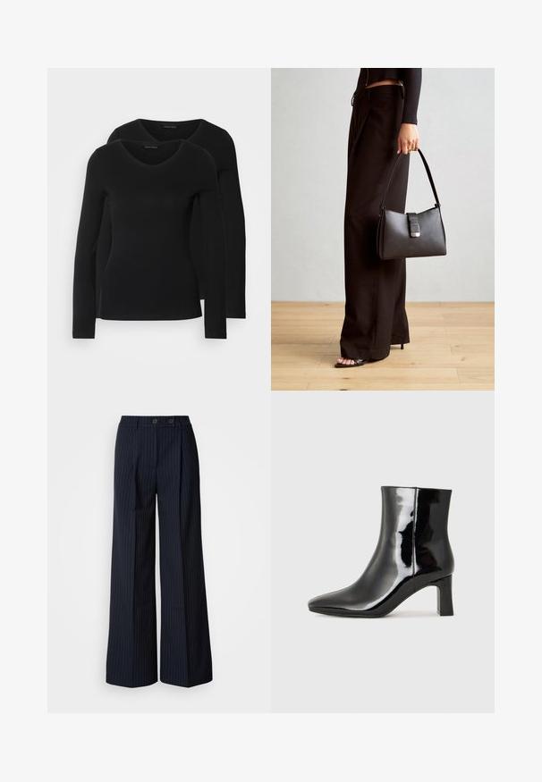 Kaks musta pika varrukaga särk, millel on V-kaelus ja mis on valmistatud pehmest ja venivast kangast, millel on sile tekstuur ja sobiv kuju.; Tumesinine triibuline laia säärega püksid kahe esiknööriga, kohandatud disain, voldi ning siledat tekstuuri.; Must-sinine nahkjalats musta läikiva viimistlusega, millel on terav nina ja keskmise kõrgusega plokk konts. Sile tekstuur ja minimalistik disain.; Must musta kott, millel on struktureeritud kuju, sile tekstuur ja metallist klamber. Kombineeritud laiate mustade pükstega ja avatud varvaste sandaalidega puidust põrandal.
