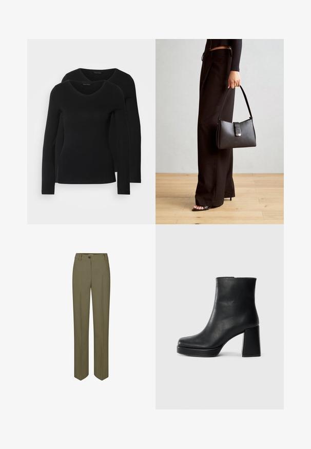 Du į juodas ilgomis rankovėmis marškiniai su V formos iškirpte, pagaminti iš minkštos, tamprios medžiagos, rodantys lygią tekstūrą ir prigludusią formą.; Olivinės žalios spalvos pritaikytos kelnes su tiesiomis kojomis, vienu mygtuko uždarymu ir dviem priekinių raukšlių detalėmis, pasižyminčios lygiu, audiniu.; Juodas odinis kulkšninis botas su bloku ir platformos padu, matomas šoniniu vaizdu ant balto fono.; Juodas rankinė struktūrizuota forma, lygi tekstūra ir metalinis užsegimas. Suporuota su plačiomis juodomis kelnėmis ir atvirais bateliais ant medinių grindų.
