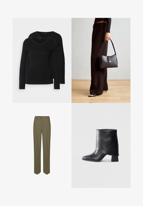 Zwei schwarze Langarmshirts mit V-Ausschnitt, aus weichem, dehnbarem Stoff, der eine glatte Textur und eine figurbetonte Passform zeigt.; Olivgrüne maßgeschneiderte Hose mit geradem Bein, einfacher Knopfverschluss und zwei vorderen Falten, mit einer glatten, gewebten Textur.; Schwarze Lederstiefelette mit spitzer Zehenform, glatter Oberfläche und strukturiertem Blockabsatz. Mit einem hohen, gefalteten Schaftdesign.; Schwarze Handtasche mit strukturierter Form, glatter Textur und einem metallischen Verschluss. Kombiniert mit weiten schwarzen Hosen und offenen Sandalen auf einem Holzboden.