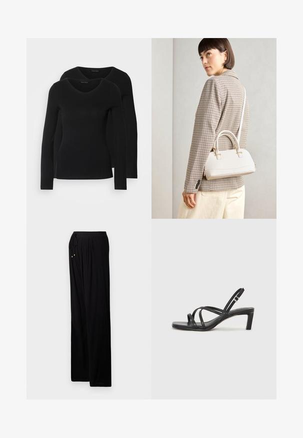 Două cămăși negre cu mâneci lungi și decolteu în V, fabricate dintr-un material moale și elastic, cu o textură netedă și o formă ajustată.; Pantaloni negri ușori cu o croială relaxată. Au un brâu cu șnur, pliuri și accente aurii la capetele șnurului.; Sandal cu barete negre, cu vârf pătrat și toc mic de bloc. Prezintă mai multe barete subțiri și o bareta ajustabilă la gleznă. Fabricat din piele netedă.; Geantă structurată albă, cu mânere scurte și curea de umăr, având accente din metal aurit și material texturat, expusă pe un fundal gri.