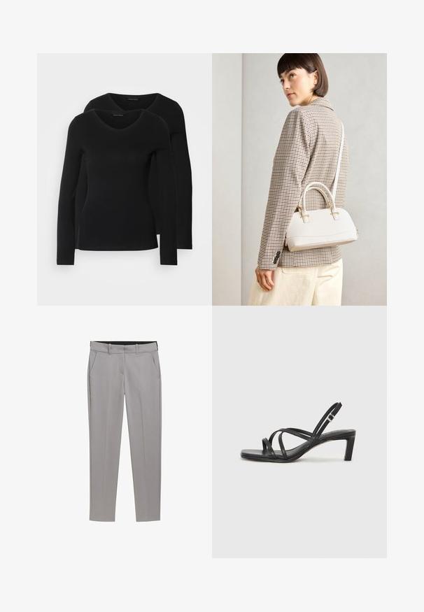 Zwei schwarze Langarmshirts mit V-Ausschnitt, aus weichem, dehnbarem Stoff, der eine glatte Textur und eine figurbetonte Passform zeigt.; TOM TAILOR MIA SLIM - Chino - explicit grey; Schwarze Sandale mit Riemchen, quadratischer Zehenform und niedrigem Blockabsatz. Verfügt über mehrere dünne Riemen und einen verstellbaren Knöchelriemen. Hergestellt aus glattem Leder.; Weiße strukturierte Handtasche mit kurzen Griffen und einem Schultergurt, ausgestattet mit goldfarbenen Hardware-Elementen und strukturiertem Material, vor einem grauen Hintergrund präsentiert.