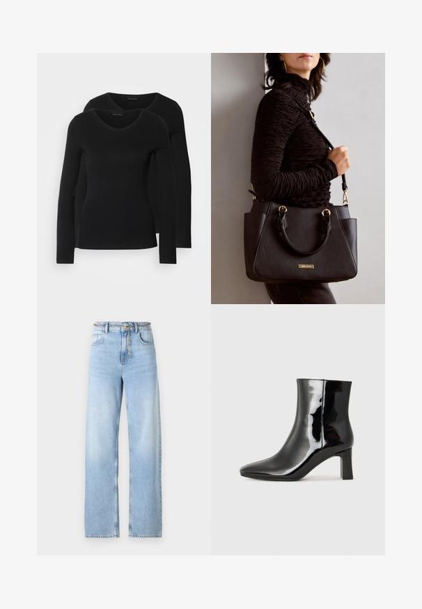 Dve črne majice z dolgimi rokavi in V-izrezom, narejene iz mehkega in raztegljivega materiala, ki prikazuje gladko teksturo in prilegnjeno obliko.; Svetlo modri široki jeans iz denima, z visokim pasom, sprednjimi žepi in akcentom verižnega pasu. Gladka tekstura z rahlim bledenjem.; Črne lakirane gležnjarje z ošiljenim nosom in srednje visokim blokastim peto. Gladka tekstura in minimalističen dizajn.; Črna torbica z teksturirano površino, z dvema zgornjima ročajema in nastavljivim ramenskim pasom. Ima zlatovrateče dodatke in stranske žepe.