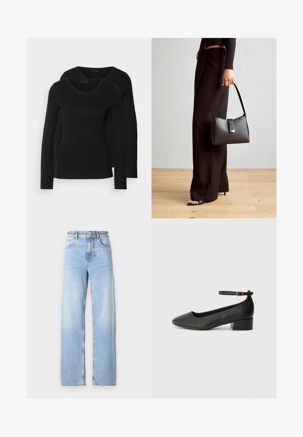 Du į juodas ilgomis rankovėmis marškiniai su V formos iškirpte, pagaminti iš minkštos, tamprios medžiagos, rodantys lygią tekstūrą ir prigludusią formą.; Šviesiai mėlynos plačios kojų džinsai, pagaminti iš denimo, su aukštu liemeniu, priekinėmis kišenėmis ir grandinėlės diržu. Lygus paviršius su lengvu išblukimu.; Juodas odinis aukštakulnis batelis su smailiu pirštu ir žemu bloku. Su kulkšnies dirželiu su auksinės spalvos sagtimi. Lygus paviršius.; Juodas rankinė struktūrizuota forma, lygi tekstūra ir metalinis užsegimas. Suporuota su plačiomis juodomis kelnėmis ir atvirais bateliais ant medinių grindų.