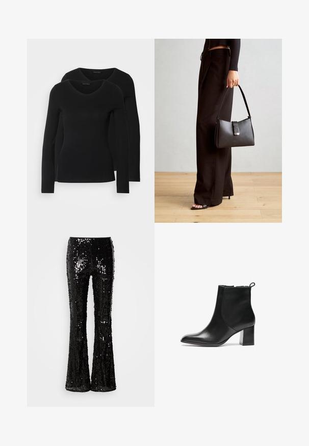 Deux chemises noires à manches longues avec un design en V, fabriquées en tissu doux et extensible, présentant une texture lisse et une silhouette ajustée.; Lindex TROUSERS LARA - Pantalon classique - black; Bottes noires en cuir à hauteur de cheville avec un bout arrondi, un talon bloc de hauteur moyenne et une languette à l'arrière. Texture lisse, design minimal.; Sac à main noir à la forme structurée, texture lisse et fermoir métallique. Associé à un pantalon noir ample et des sandales ouvertes sur un sol en bois.