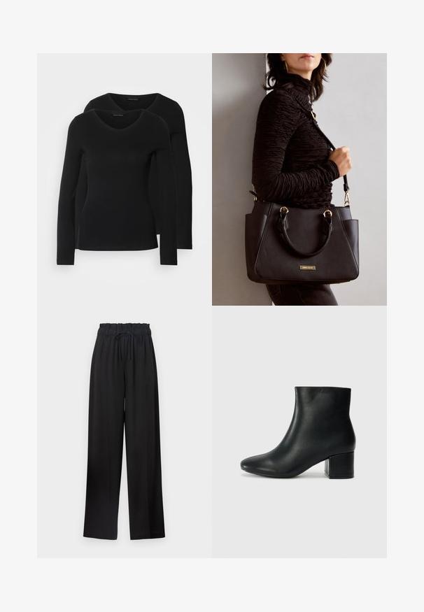 To svarte langermede skjorter med V-halsdesign, laget av mykt, elastisk stoff, viser jevn tekstur og en tettsittende fasong.; Svart vide bukser med elastisk midje og snøring. Laget av et glatt stoff uten synlige mønstre eller metallgjenstander.; Sorte skinn ankelsko med spiss tå og chunky hæl. Glatt tekstur med minimale detaljer og et elegant, tettsittende design.; Svart håndveske med teksturert overflate, doble topphåndtak og justerbar skulderrem. Har detaljer i gulltone og sidelommer.