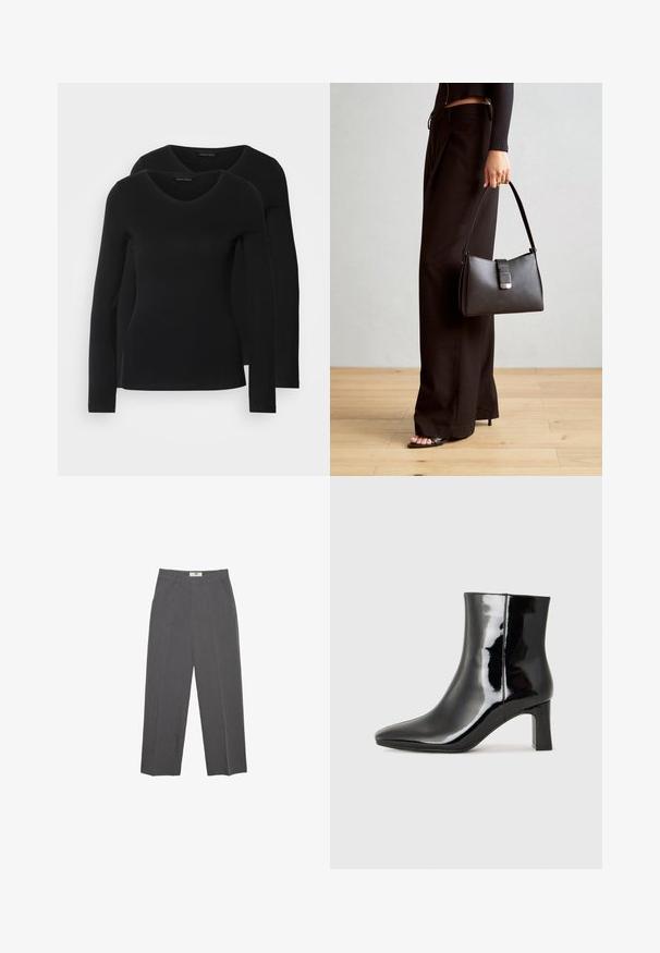 Deux chemises noires à manches longues avec un design en V, fabriquées en tissu doux et extensible, présentant une texture lisse et une silhouette ajustée.; Pantalons droits gris en tissu texturé, avec une taille mi-haute, des passants de ceinture et des poches latérales. Aucun motif ou accent visible.; Bottines en cuir verni noir avec un bout pointu et un talon block de hauteur moyenne. Texture lisse et design minimaliste.; Sac à main noir à la forme structurée, texture lisse et fermoir métallique. Associé à un pantalon noir ample et des sandales ouvertes sur un sol en bois.