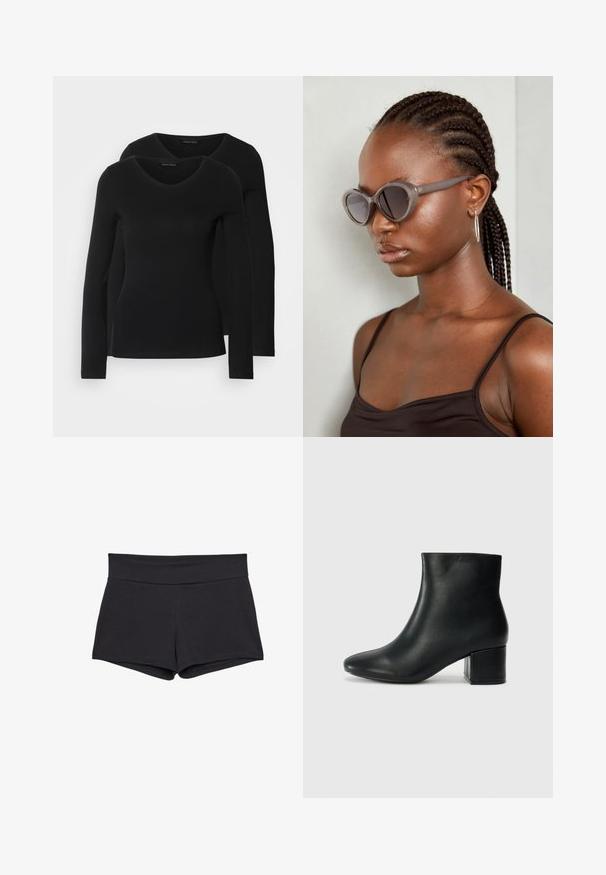 Dwie czarne koszule z długim rękawem o designie w kształcie litery V, wykonane z miękkiego, elastycznego materiału, o gładkiej teksturze i dopasowanym kroju.; Czarne, dopasowane szorty z szerokim pasem, wykonane z miękkiego, elastycznego materiału. Brzegi są gładkie, bez widocznych zapięć lub wzorów.; Czarne skórzane botki za kostkę z ostrym noskiem i masywnym obcasem. Gładka tekstura z minimalnymi akcentami i elegancki, dopasowany fason.; Szare, przerośnięte okulary przeciwsłoneczne o zaokrąglonym kształcie i ciemnych soczewkach. Smukła plastikowa oprawka o gładkim wykończeniu. Model ma warkocze.