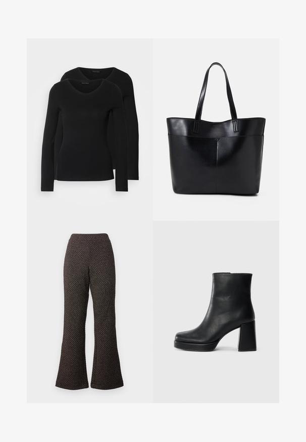 Két fekete, hosszú ujjú póló V nyakkal, puha, rugalmas anyagból, sima textúrával és testhezálló fazonnal.; Fellépő fekete nadrág, texturált anyagból készült, mintás szövettel, magas derékkal és széles lábakkal.; Fekete bőr bokacsizma tömbsarkal és platform talppal, oldalról nézve, sima fehér háttéren.; Fekete bőr bevásárlótáska két hosszú fogantyúval, sima felülettel és strukturált formával. Elülső zseb található rajta a plusz tárolás érdekében.