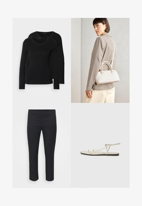 Két fekete, hosszú ujjú póló V nyakkal, puha, rugalmas anyagból, sima textúrával és testhezálló fazonnal.; Fekete, testre szabott nadrág sima felszíni textúrával, közepes derékkal és rövidített hosszal. Elöl gombos záródás jellemzi, valamint letisztult vonalvezetés.; Beige lapos szandál, amelyet több vékony pánt díszít, és állítható csattal rendelkezik. A talpa lapos, az élein enyhe sötét kontraszttal.; Fehér, strukturált kézitáska rövid füllel és vállpánttal, arany színű fém kiegészítőkkel és texturált anyagból, szürke háttér előtt bemutatva.; Zign 2 PACK - Karkötő - gold-coloured/silver-coloured
