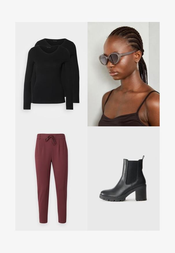 Deux chemises noires à manches longues avec un design en V, fabriquées en tissu doux et extensible, présentant une texture lisse et une silhouette ajustée.; Pantalon élastique bordeaux avec cordon de serrage ajustable, jambes fuselées et texture de tissu lisse et douce. Présente des plis avant pour un look soigné.; Bottine en cuir noir avec des panneaux latéraux élastiques, semelle en caoutchouc épaisse et talon bloc haut. Comprend une languette à l'arrière.; Lunettes de soleil grises surdimensionnées avec une forme arrondie et des verres foncés. Monture en plastique élégante avec une finition lisse. Le modèle a des cheveux tressés.