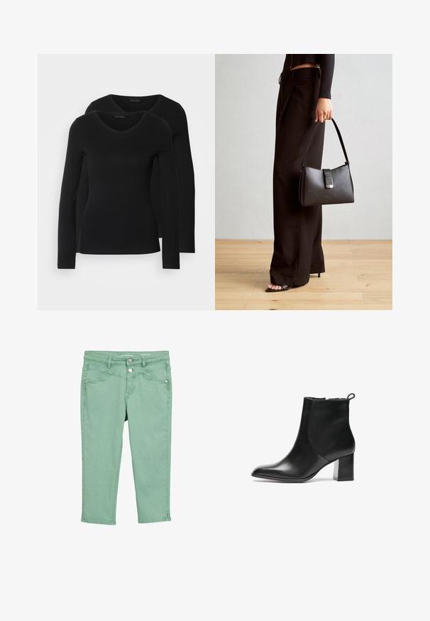 Due camicie a maniche lunghe nere con design a V, realizzate in tessuto morbido e elasticizzato, che mostrano una superficie liscia e una forma aderente.; Pantaloni cropped verdi chiaro in cotone con una texture liscia. Presentano tasche frontali, chiusura con bottone e cerniera, e dettagli sul fondo.; Stivale alla caviglia in pelle nera con punta arrotondata, tacco largo di media altezza e linguetta sul retro. Texture liscia, design minimale.; Borsa nera con forma strutturata, texture liscia e una chiusura metallica. Abbinata a pantaloni neri larghi e sandali open-toe su un pavimento in legno.