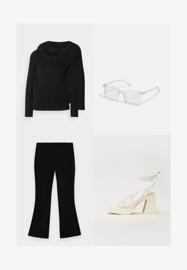 To svarte langermede skjorter med V-halsdesign, laget av mykt, elastisk stoff, viser jevn tekstur og en tettsittende fasong.; Sorte flagrende bukser laget av et mykt, elastisk stoff. Har en glatt midjebygging og et rent design uten synlige dekorasjoner.; Hvit høyhælte sandal med kraftig hæl, med en stroppe-design og ankelbånd. Glatt tekstur med plattform foran for ekstra høyde.; Klare plastiske briller med kvadratisk innfatning og gjennomsiktige linser, med gullfiner på brillestengene for ekstra detalj.