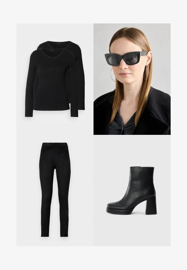 Dvoje čiernych košieľ s dlhým rukávom a výstrihom do V, vyrobených z mäkkej a elastickej látky, s jemnou textúrou a priliehavým strihom.; Čierne legíny vyrobené z mäkkého, elastického materiálu, s vysokým pásom a priliehavým strihom. Hladký povrch bez viditeľných vzorov alebo ozdôb.; Čierne kožené členkové topánky s blokovým podpätkom a platformovou podrážkou, zobrazené z boku na bielom pozadí.; Čierne mačacie slnečné okuliare s tmavými sklami, hrubými obručami a jemnými detailami. Nosí sa s čiernym kabátom a sivým topom, pričom má dlhé rovné vlasy.