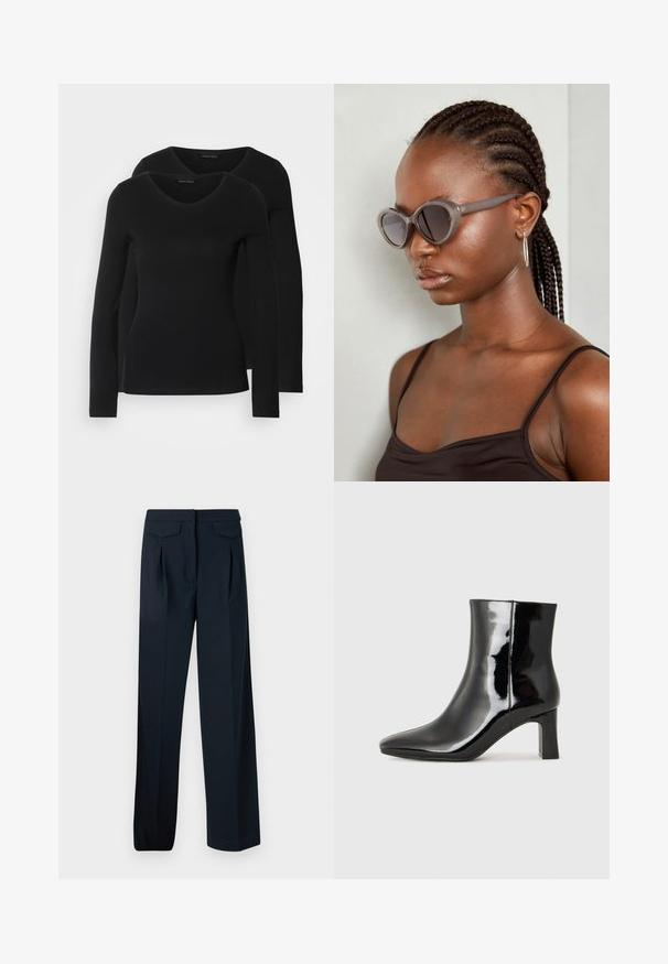 Two black long-sleeve shirts with a V-neck design, made of soft, stretchy fabric, showing smooth texture and a fitted shape.; Navy blue trousers featuring a tailored design, two front pleats, and two back pockets. Made from a smooth fabric with a straight cut.; Black patent leather ankle boot with a pointed toe and a mid-height block heel. Smooth texture and minimalist design.; Gray oversized sunglasses with a rounded shape and dark lenses. Sleek plastic frame with a smooth finish. Model has braided hair.