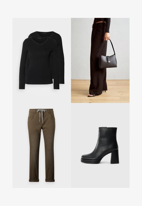 Two black long-sleeve shirts with a V-neck design, made of soft, stretchy fabric, showing smooth texture and a fitted shape.; Brown casual pants made of smooth material, featuring a drawstring waist with white accents, five pockets, and rolled cuffs.; Black leather ankle boot with a block heel and platform sole, viewed from the side on a plain white background.; Black handbag with structured shape, smooth texture, and a metallic clasp. Paired with wide black pants and open-toe sandals on wooden floor.