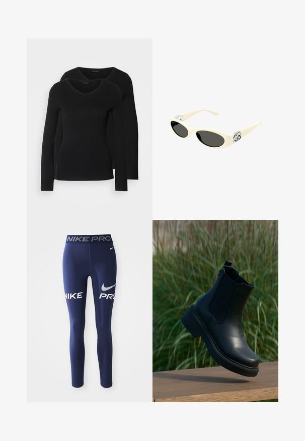 Dva crna majice dugih rukava s V-izrezom, izrađene od mekanog, rastezljivog materijala, s glatkom teksturom i prilagođenim oblikom.; Tamno plave sportske tajice od rastezljivog materijala, sa natpisom "NIKE" i "PRO" u debelom bijelom slovu sa strane i uzorkovanim pojasom.; Crne kožne gležnjače s elastičnim bočnim panelima, zaobljenim vrhom i debelim platformama, postavljene na drvenu površinu.; Smeđe naočale sa ovalnim sočivima, crnim tonom i metalnim logotipom na sljepoočnicama. Glatka tekstura, mačkasti oblik.; Svila marama u tamnoplavoj i bijeloj boji s geometrijskim zigzag uzorkom. Glatka tekstura, uredno vezana oko vrata, koja dodatno ističe rebrasti top.