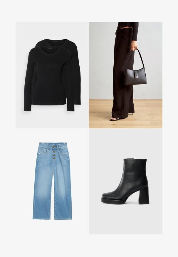 Kaks musta pika varrukaga särk, millel on V-kaelus ja mis on valmistatud pehmest ja venivast kangast, millel on sile tekstuur ja sobiv kuju.; Heledad sinine laiad teksapüksid, mis on valmistatud denimist, kõrgema vöökohtadega, viie nupuga ees ja kahe esikotiga. Ühtlane tekstuur kogu ulatuses.; Must musta ankle boot, milleplokk-konts ja platvormi tallaga, vaadatud küljelt ühetoonilise valge tausta peal.; Must musta kott, millel on struktureeritud kuju, sile tekstuur ja metallist klamber. Kombineeritud laiate mustade pükstega ja avatud varvaste sandaalidega puidust põrandal.