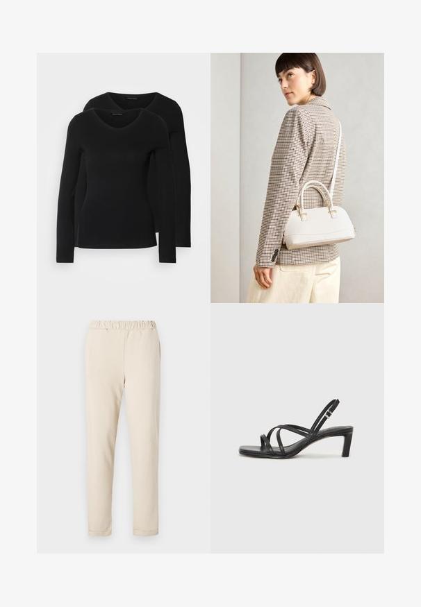 Dwie czarne koszule z długim rękawem o designie w kształcie litery V, wykonane z miękkiego, elastycznego materiału, o gładkiej teksturze i dopasowanym kroju.; Beżowe bawełniane spodnie z marszczonym pasem, prostym krojem oraz bez widocznych wzorów, z gładką fakturą i prostym wykończeniem.; Czarne sandały na obcasie z prostokątnym noskiem i niskim słupkowym obcasem. Posiadają wiele cienkich pasków i regulowany pasek na kostkę. Wykonane z gładkiej skóry.; Biała torebka o strukturalnym kształcie z krótkimi uchwytami i paskiem na ramię, z złotymi akcentami i teksturowanym materiałem, prezentowana na szarym tle.