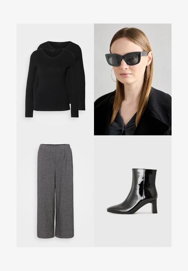 To svarte langermede skjorter med V-halsdesign, laget av mykt, elastisk stoff, viser jevn tekstur og en tettsittende fasong.; Vide bukser i et tekstureret, mørkegrå stof. Har elastisk liv og centralt folder for en afslappet pasform. Ingen synlige lommer.; Sorte patentlær ankle boot med spiss tå og en mellomhøy blokkhelt. Glatt tekstur og minimalistisk design.; Sorte katteøyne solbriller med mørke linser, tykke rammer og subtile detaljer. Båret med en svart frakk og grå topp, med langt, rett hår.