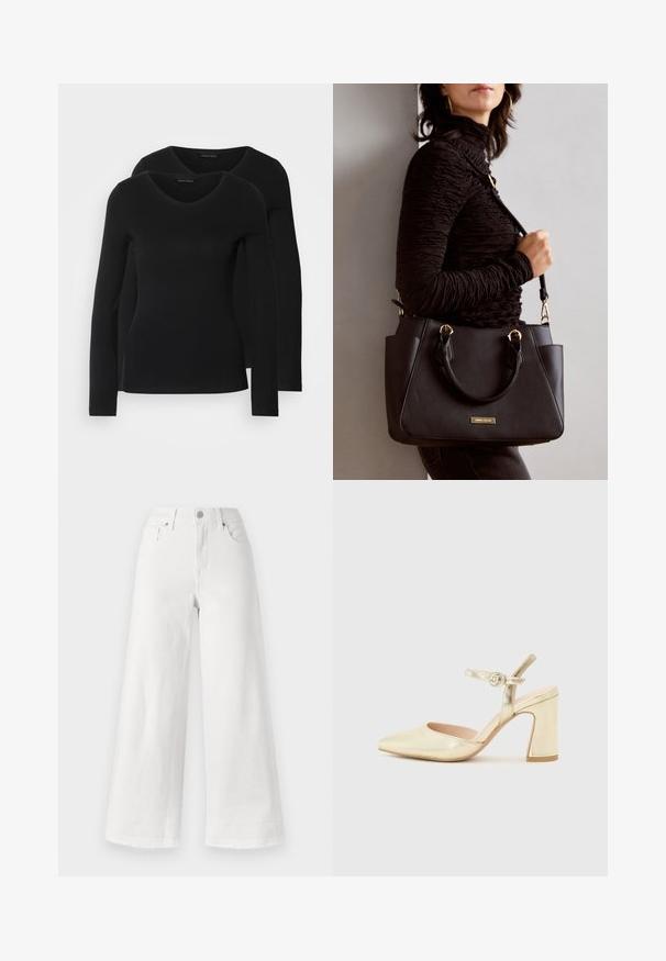 Two black long-sleeve shirts with a V-neck design, made of soft, stretchy fabric, showing smooth texture and a fitted shape.; White wide-leg jeans made of denim, featuring a high waist, four-pocket design, and raw hem at the bottom for texture.; Gold metallic heeled shoe with a pointed toe, an ankle strap featuring a circular clasp, and a chunky heel design. Smooth texture.; Black handbag with textured surface, dual top handles, and adjustable shoulder strap. Features gold-tone hardware and side pockets.