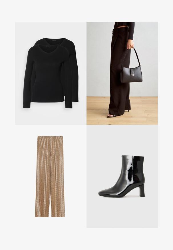 Twee zwarte longsleeve shirts met een V-hals ontwerp, gemaakt van zachte, rekbare stof, die een gladde textuur en een getailleerde vorm laten zien.; Lichtbruin geplooide broeken van glanzende stof, met een gestructureerd zigzagpatroon en een elastische tailleband voor comfort.; Zwarte gepolijste leren enkellaars met een spitse neus en een blokhak van gemiddelde hoogte. Glad textuur en minimalistisch ontwerp.; Zwarte handtas met gestructureerde vorm, gladde textuur en een metalen sluiting. Gecombineerd met brede zwarte broeken en sandalen met open teen op een houten vloer.