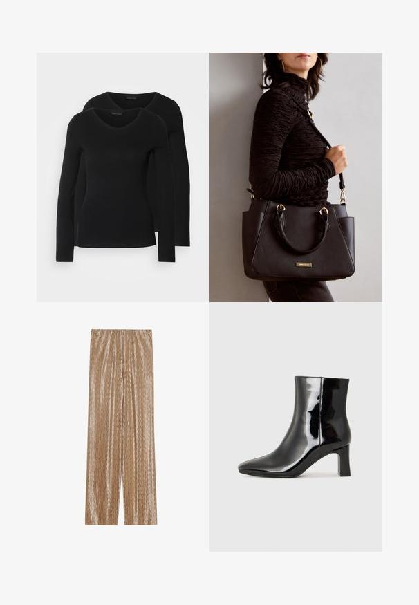 Kaks musta pika varrukaga särk, millel on V-kaelus ja mis on valmistatud pehmest ja venivast kangast, millel on sile tekstuur ja sobiv kuju.; Helepruunid volditud püksid läikivast kangast, millel on tekstuuriga vööndimuster ning mugavuse tagamiseks elastne vöö.; Must-sinine nahkjalats musta läikiva viimistlusega, millel on terav nina ja keskmise kõrgusega plokk konts. Sile tekstuur ja minimalistik disain.; Musthave must kott, millel on tekstuurne pind, kaks ülemist käepidet ja reguleeritav õlarihm. Omab kuldse tooni riistu ja külgtaskuid.