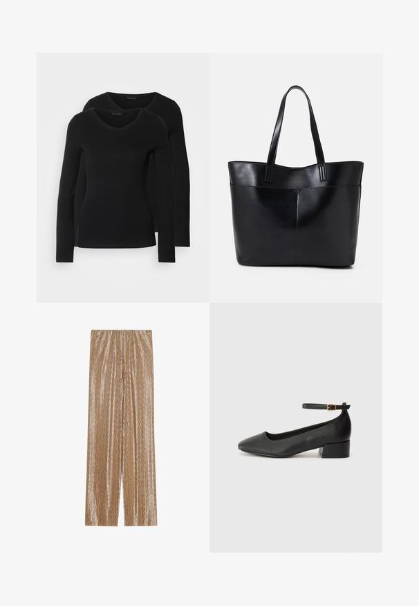 Dve črne majice z dolgimi rokavi in V-izrezom, narejene iz mehkega in raztegljivega materiala, ki prikazuje gladko teksturo in prilegnjeno obliko.; Svetlo rjave plisirane hlače iz sjajnega materiala, z teksturiranim zigzag vzorcem in elastičnim pasom za udobje.; Črne usnjene pumpice z nazobčanimi prsti in nizko blokasto peto. Imajo trak okoli gležnja z zaponko v zlatem tonu. Gladka tekstura.; Črna usnjena torba z dvema dolgima ročajema, gladko teksturo in strukturirano obliko. Ima sprednji žep za dodatno shranjevanje.