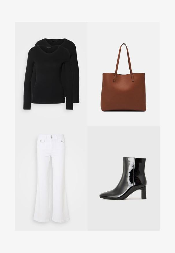 Kaks musta pika varrukaga särk, millel on V-kaelus ja mis on valmistatud pehmest ja venivast kangast, millel on sile tekstuur ja sobiv kuju.; Valged laiad teksapüksid, mis on valmistatud denimist, kõrge vöökohaga, kahe esikotiga ja hõbedaste nööpaktsentidega, ühel tasasel taustal.; Must-sinine nahkjalats musta läikiva viimistlusega, millel on terav nina ja keskmise kõrgusega plokk konts. Sile tekstuur ja minimalistik disain.; Pruun nahast tote-kott, millel on sile tekstuur, avatud ülaosa disain ja kaks õlarihma. Omab minimaalset õmblust ja nähtavat riistvara ei ole.