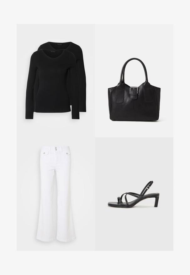 Du į juodas ilgomis rankovėmis marškiniai su V formos iškirpte, pagaminti iš minkštos, tamprios medžiagos, rodantys lygią tekstūrą ir prigludusią formą.; Balti platūs džinsai, pagaminti iš džinsinio audinio, su aukštu liemeniu, dviem priekiniais kišenėmis ir sidabriniais mygtukais ant vienalytės fono.; Juodi šlepetės su kvadratiniu pirštu ir žemu bloku kulnu. Yra keli ploni dirželiai ir reguliuojamas kulkšnies diržas. Pagaminti iš lygios odos.; Juodas odinis nešiojamas krepšys su lygiu paviršiumi, struktūrine forma, dviem rankenėlėmis ir ryškiu sidabriniu sagties akcentu priekyje.