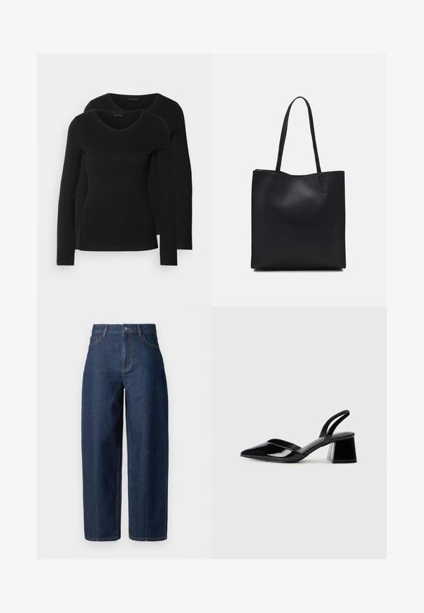To svarte langermede skjorter med V-halsdesign, laget av mykt, elastisk stoff, viser jevn tekstur og en tettsittende fasong.; Mørkeblå høy midje rette denim bukser med knappelukking, beltehemper, samt front- og baklommer på hvit bakgrunn.; Svarte patentlær slingback hæler med spiss tå og geometrisk blokk hæl. Har et stilrent, minimalistisk design og jevn tekstur.; Svart lær tote bag med glatt tekstur, rektangulær form og to lange håndtak. Ingen synlige deler eller dekorasjoner.