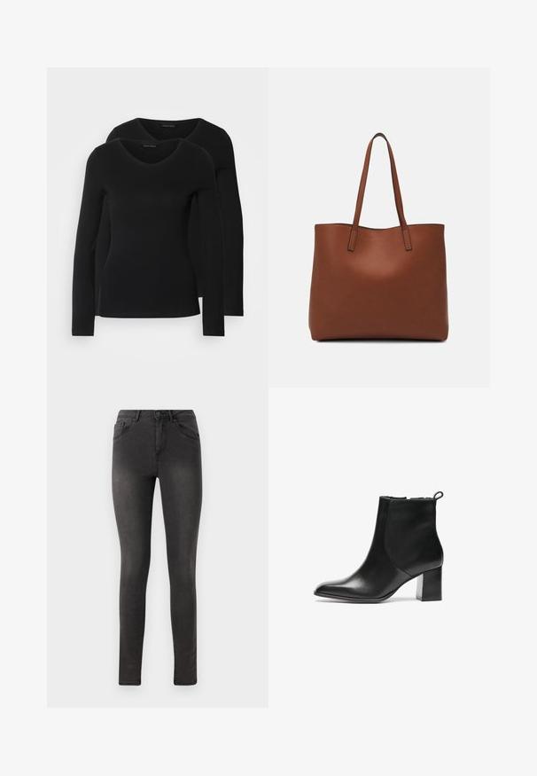 Két fekete, hosszú ujjú póló V nyakkal, puha, rugalmas anyagból, sima textúrával és testhezálló fazonnal.; Fekete skinny farmernadrág sima denim textúrával, öt zsebes dizájnnal és fémből készült gombos záródással a deréknál.; Fekete bőr bokacsizma kerek orral, közepes magasságú blokk sarkával és hátsó húzófüllel. Sima felület, minimalista kialakítás.; Barna bőr vászontáska sima textúrával, nyitott tetejű dizájnnal és két vállpánttal. Minimális varrással és látható hardver nélkül készült.