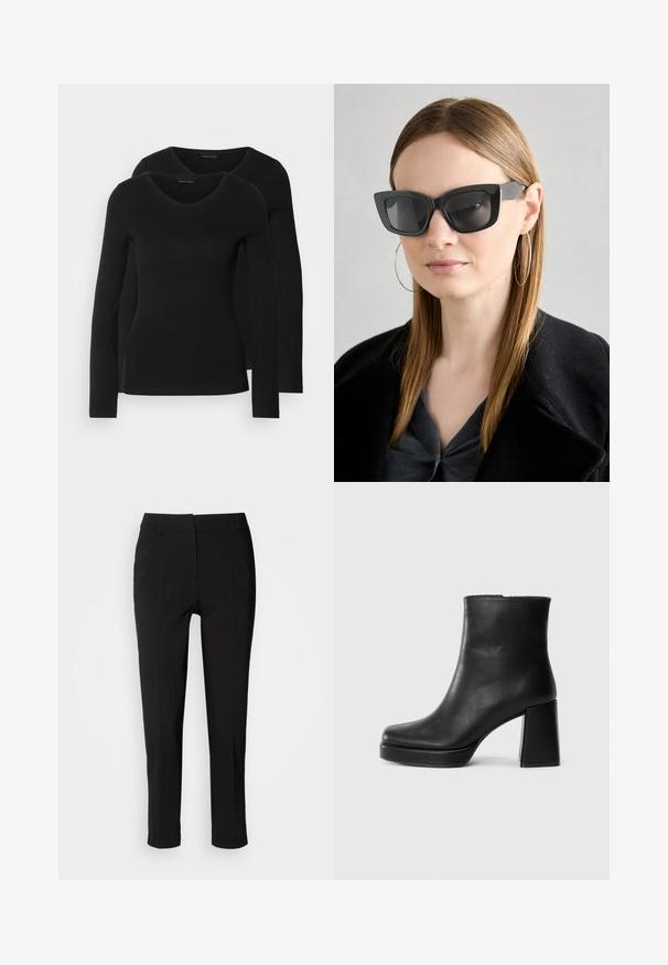 Kaks musta pika varrukaga särk, millel on V-kaelus ja mis on valmistatud pehmest ja venivast kangast, millel on sile tekstuur ja sobiv kuju.; Mustad sobivad püksid, millel on kitsas lõige, lamedad esiosad ja nähtamatud taskud, millel on sile tekstuur ja puhas viimistlus alläärtes.; Must musta ankle boot, milleplokk-konts ja platvormi tallaga, vaadatud küljelt ühetoonilise valge tausta peal.; Must musta prillid tumedate läätsedega, paksude raamidega ja tagasihoidlike aktsentidega. Kantud musta jope ja halli särkiga, pikki sirgeid juukseid kandes.
