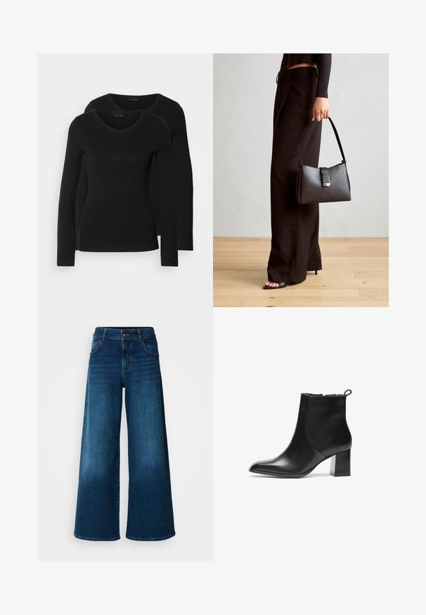 Duas camisetas pretas de manga longa com design em V, feitas de um tecido macio e elástico, apresentando uma textura suave e um formato ajustado.; Jeans de perna larga feitos de denim azul escuro. Apresentam uma cintura alta, fecho de botão e um design clássico de cinco bolsos com um leve desbotado.; Bota de tornozelo em pele preta com bico arredondado, um salto bloco de altura média e uma aba de puxar na parte de trás. Textura suave, design minimalista.; Bolsa preta com forma estruturada, textura suave e um fecho metálico. Combinada com calças largas pretas e sandálias de salto aberto sobre um chão de madeira.