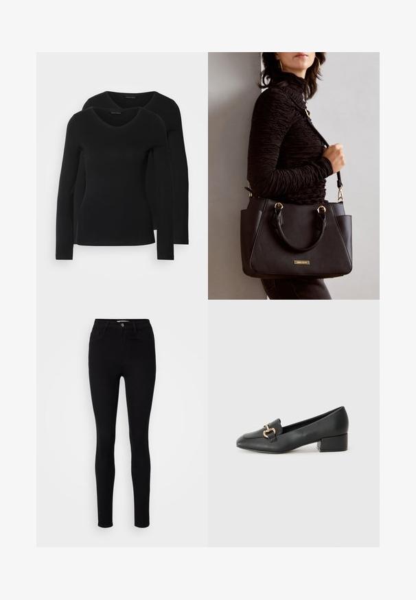 Kaks musta pika varrukaga särk, millel on V-kaelus ja mis on valmistatud pehmest ja venivast kangast, millel on sile tekstuur ja sobiv kuju.; Mustad kõrge vöökohtaga kitsad teksad, valmistatud denimist. Omab viit taskut ja esimest metallist nööpi. Sile tekstuur ja pehme disain.; Mustad nahast loafers madala kontsaga, millel on esiküljel dekoratiivne kuldne detalj ja sile tekstuur.; Musthave must kott, millel on tekstuurne pind, kaks ülemist käepidet ja reguleeritav õlarihm. Omab kuldse tooni riistu ja külgtaskuid.