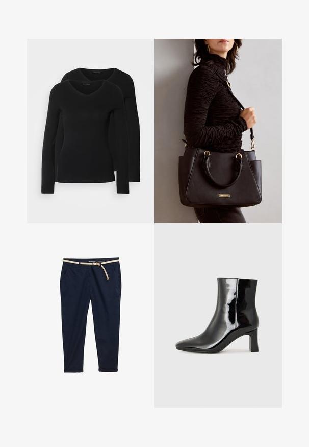 Două cămăși negre cu mâneci lungi și decolteu în V, fabricate dintr-un material moale și elastic, cu o textură netedă și o formă ajustată.; Chino navy cu o curea țesută crem. Are două buzunare laterale, o croială lejeră și manșete răsucite la glezne. Țesătură din bumbac.; Botine negre din piele lacuită, cu vârful ascuțit și toc bloc de înălțime medie. Textură netedă și design minimalist.; Geantă de umăr neagră cu suprafață texturată, cu două mânere superioare și curea de umăr ajustabilă. Dispune de accesorii metalice de culoare aurie și buzunare laterale.