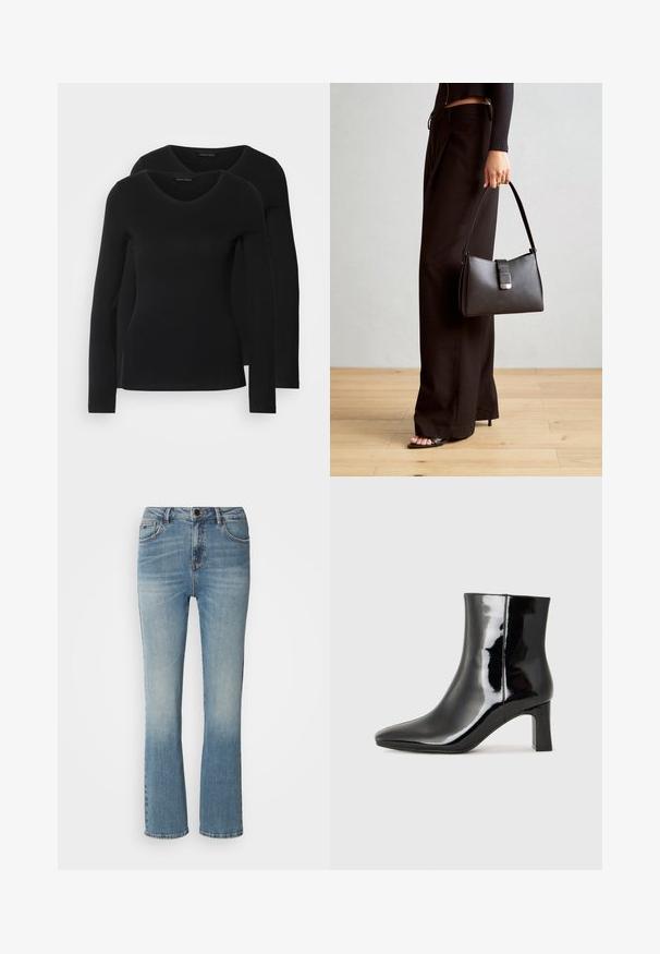 Duas camisetas pretas de manga longa com design em V, feitas de um tecido macio e elástico, apresentando uma textura suave e um formato ajustado.; Jeans de denim azul claro com um design de perna reta, apresentando um fecho de botão, cinco bolsos e um desgaste subtil por toda a parte.; Botim de tornozelo em pele sintética preta com bico apontado e salto bloco de altura média. Textura suave e design minimalista.; Bolsa preta com forma estruturada, textura suave e um fecho metálico. Combinada com calças largas pretas e sandálias de salto aberto sobre um chão de madeira.