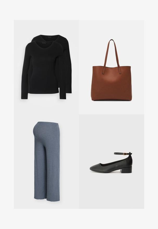 Due camicie a maniche lunghe nere con design a V, realizzate in tessuto morbido e elasticizzato, che mostrano una superficie liscia e una forma aderente.; Pantaloni a gamba larga a coste in tessuto azzurro morbido, caratterizzati da una cintura elastica e una silhouette fluente, visibilmente testurizzati in tutta la superficie.; Pump in pelle nera con punta affusolata e tacco basso a blocco. Presenta una cinghia alla caviglia con una fibbia in tonalità oro. Texture liscia.; Borsa tote in pelle marrone con texture liscia, design con apertura superiore e due spallacci. Presenta cuciture minime e nessun hardware visibile.
