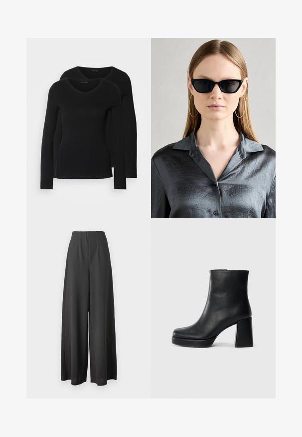 Two black long-sleeve shirts with a V-neck design, made of soft, stretchy fabric, showing smooth texture and a fitted shape.; Black wide-leg trousers made from a smooth fabric, featuring a high waist and pleated design for added texture and dimension.; Black leather ankle boot with a block heel and platform sole, viewed from the side on a plain white background.; Black cat-eye sunglasses with a glossy finish, worn with a textured gray button-up shirt featuring a collar. Large hoop earrings are visible.