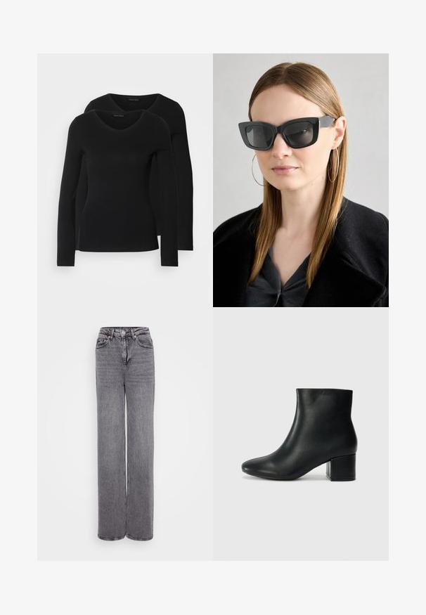 Dvoje čiernych košieľ s dlhým rukávom a výstrihom do V, vyrobených z mäkkej a elastickej látky, s jemnou textúrou a priliehavým strihom.; Sivé džínsové nohavice s vysokým pásom, rovného strihu, s gombíkom a zipsom, piatimi vreckami a textúrovaným denimovým povrchom.; Čierne kožené členkové čižmy s špicatou špičkou a hrubým podpätkom. Hladká textúra s minimálnymi akcentmi a elegantným, priliehavým dizajnom.; Čierne mačacie slnečné okuliare s tmavými sklami, hrubými obručami a jemnými detailami. Nosí sa s čiernym kabátom a sivým topom, pričom má dlhé rovné vlasy.