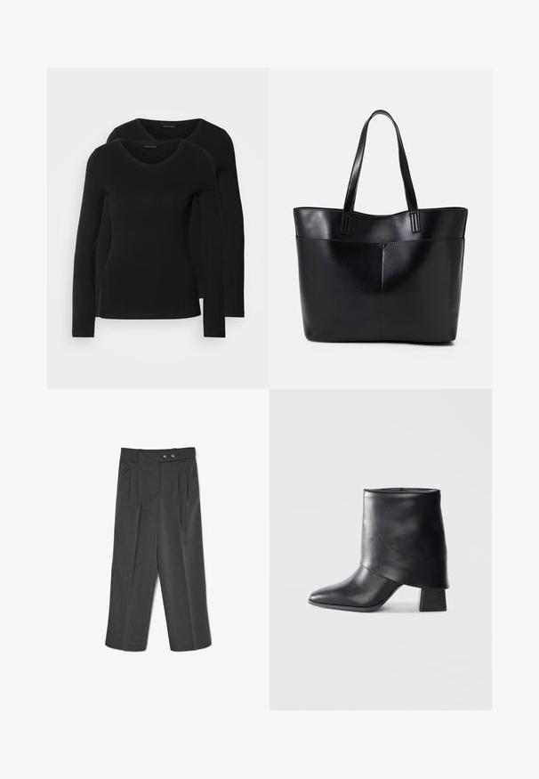 Två svarta långärmade tröjor med V-ringning, tillverkade av mjukt, stretchy tyg, som visar en slät textur och en figursydd form.; Grå skräddarsydda byxor med veckad front, två framfickor och knäppning med knapp, tillverkade av strukturerad tyg, vid bendesign.; Svart läder ankelboot med spetsig tå, slät textur och en strukturerad blockklack. Har en hög, vikbar krage.; Svart läder tote-väska med två långa handtag, en slät yta och en strukturerad form. Har en framficka för extra förvaring.