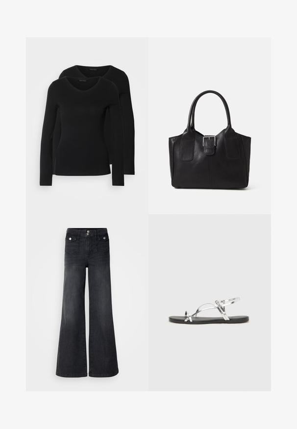 Két fekete, hosszú ujjú póló V nyakkal, puha, rugalmas anyagból, sima textúrával és testhezálló fazonnal.; Fekete farmer széles szárú nadrág magas derékkal, elülső gombokkal és két elülső zsebbel; sima textúrával, enyhén kopott hatással.; Ezüst fémes szandálok minimális kialakítással, vékony pántokkal és fekete lapos talppal. Kiemeli a keresztpántos díszítést.; Fekete bőr bevásárlótáska sima textúrával, strukturált formával, két fogantyúval és egy figyelemfelkeltő ezüst csattal az elején.