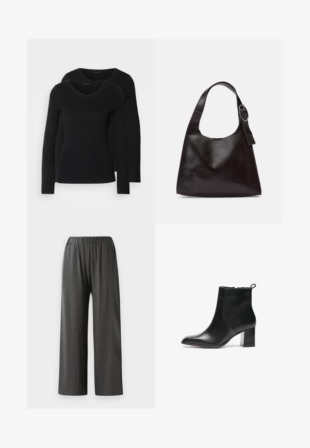 Two black long-sleeve shirts with a V-neck design, made of soft, stretchy fabric, showing smooth texture and a fitted shape.; Wide-leg, black pants with an elasticated waistband. Made from a smooth, lightweight fabric. Features no visible pockets or patterns.; Black leather ankle boot with a rounded toe, a mid-height block heel, and a pull tab at the back. Smooth texture, minimal design.; Brown leather shoulder bag with a smooth texture, rounded shape, wide strap, and circular metallic accent on the handle.