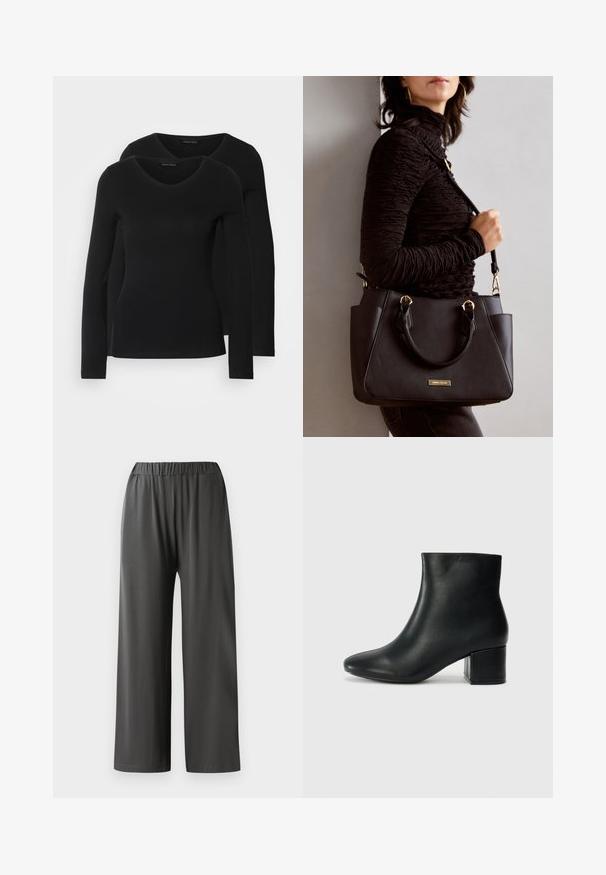 Dwie czarne koszule z długim rękawem o designie w kształcie litery V, wykonane z miękkiego, elastycznego materiału, o gładkiej teksturze i dopasowanym kroju.; Szerokie czarne spodnie z elastycznym paskiem w talii. Wykonane z gładkiego, lekkiego materiału. Nie mają widocznych kieszeni ani wzorów.; Czarne skórzane botki za kostkę z ostrym noskiem i masywnym obcasem. Gładka tekstura z minimalnymi akcentami i elegancki, dopasowany fason.; Czarna torebka z teksturowanej powierzchni, podwójnymi uchwytami na górze i regulowanym paskiem na ramię. Posiada złote okucia i boczne kieszenie.